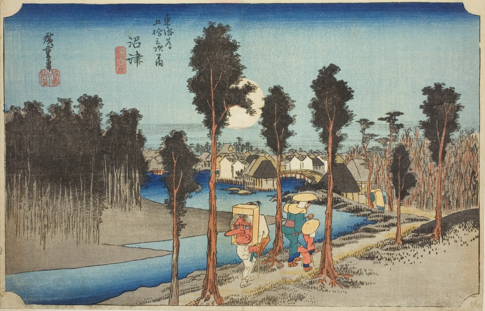 A traveler carrying a large red tengu mask at dusk — Utagawa Hiroshige, Numazu